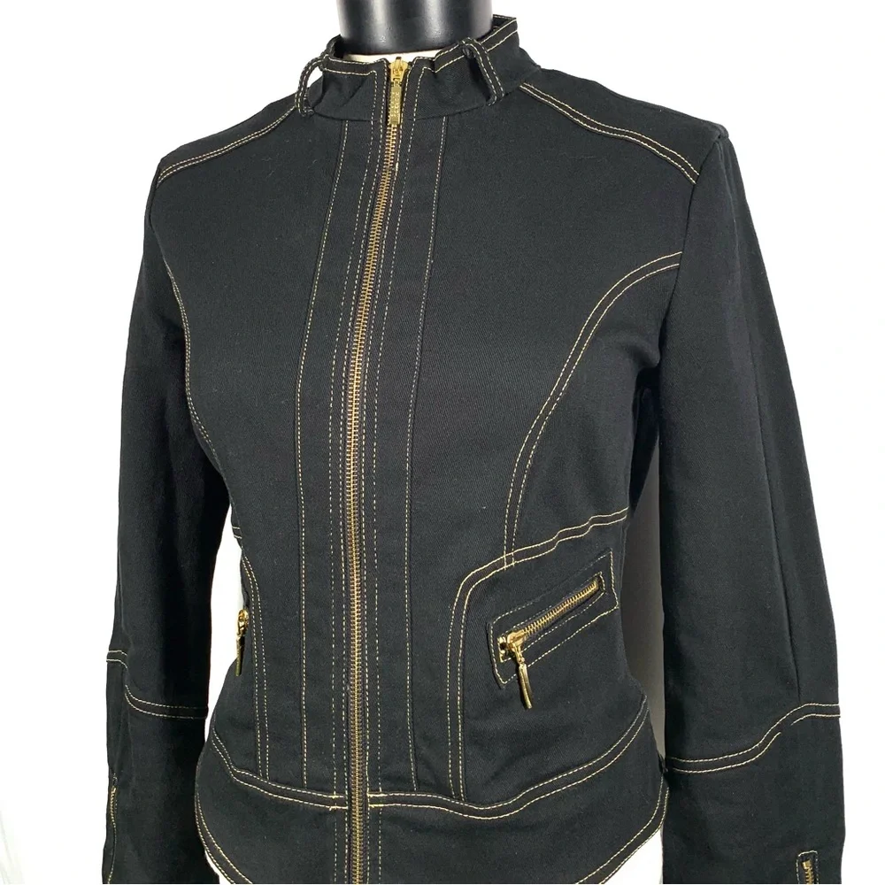 ❗️SOLD❗️Y2K Georgiou Studio Black Denim Tailored Mock Neck Zip Jacket S - Picture 2 of 11